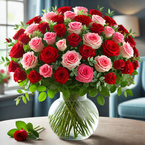 20 Red and Pink Roses in a Vase