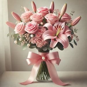 Six Pink Roses & Lilies Bouquet