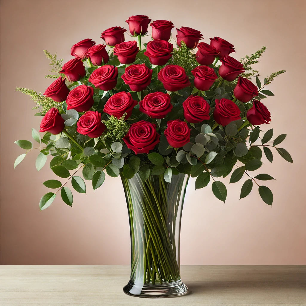 24 Long-Stemmed Red Roses in a Tall Vase