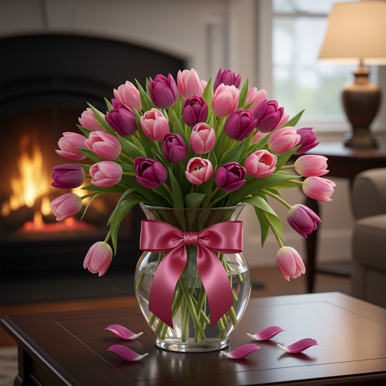 24 Pink &amp; Purple Tulips in a Vase