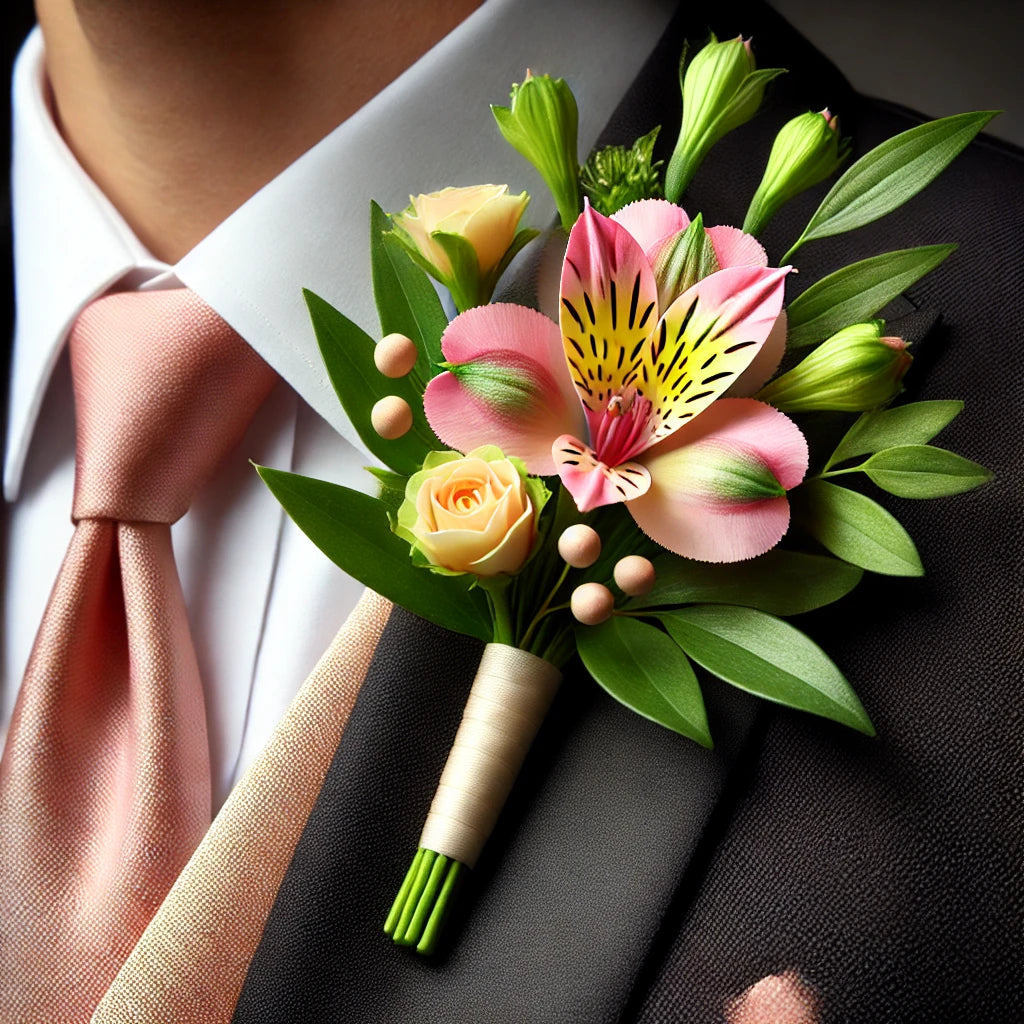 Elegant Pink and Yellow Alstroemeria Boutonniere