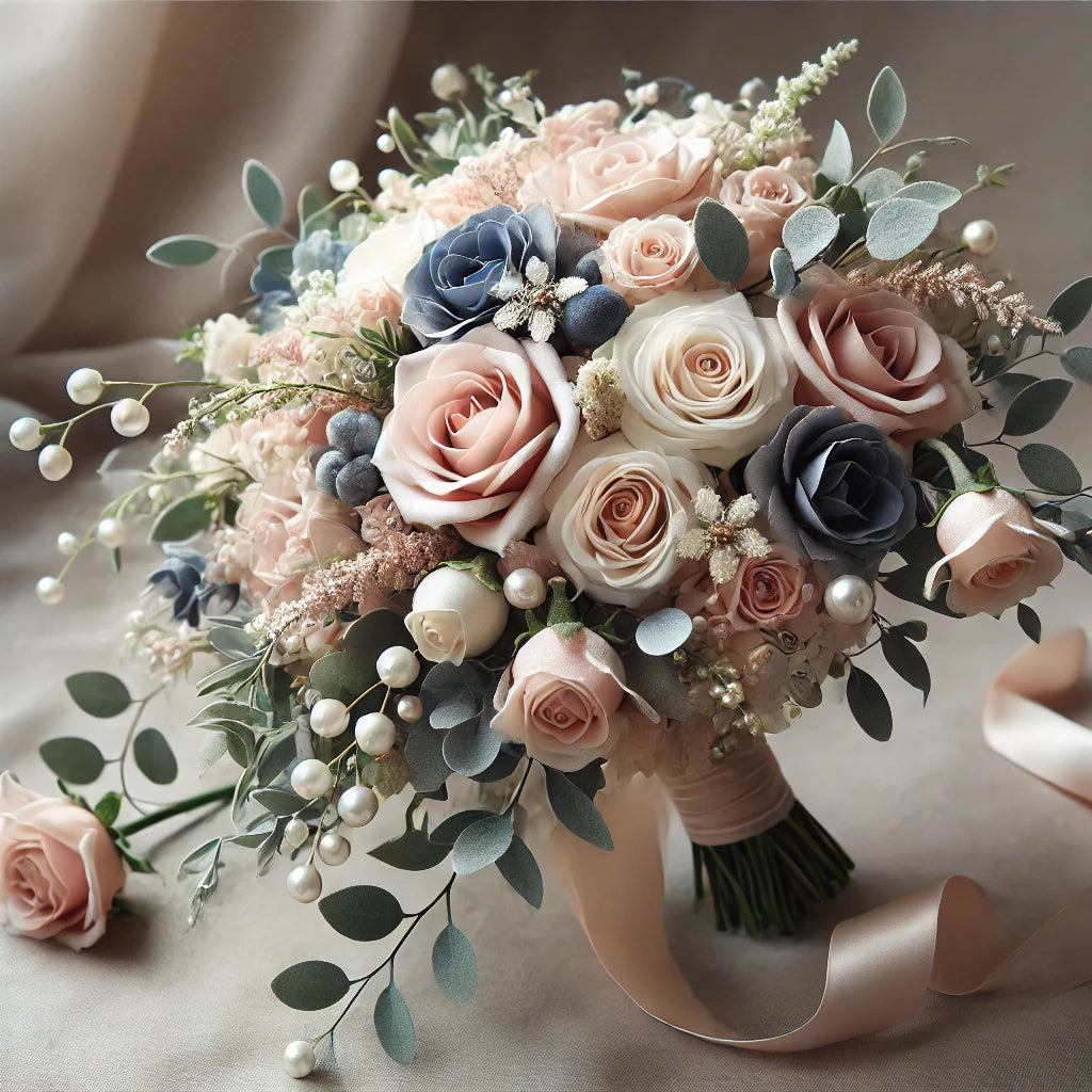 Elegant Cascade Bridal Bouquet in Blush &amp; Navy