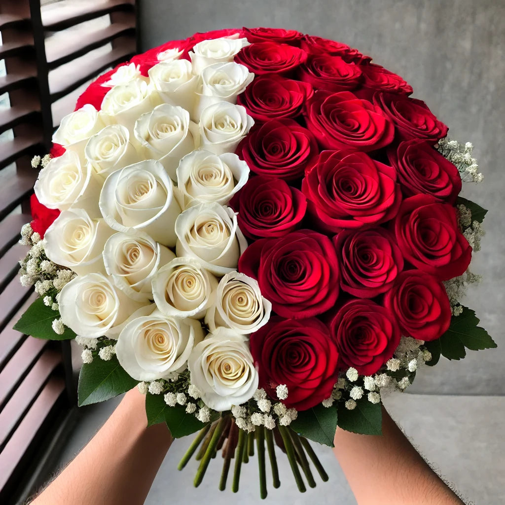 Half Red, Half White Rose Bouquet