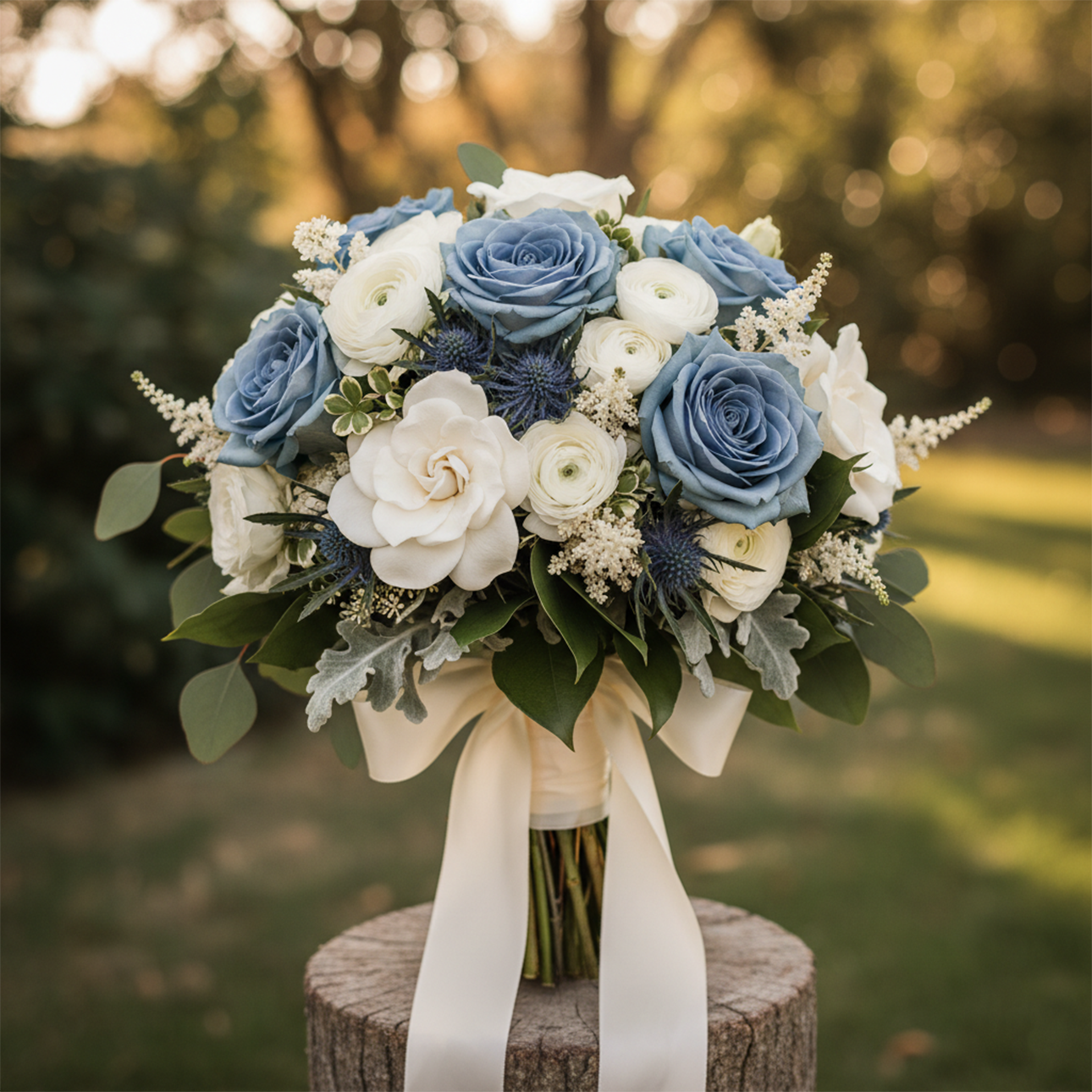 Serene Round Bridal Bouquet in Blue &amp; White