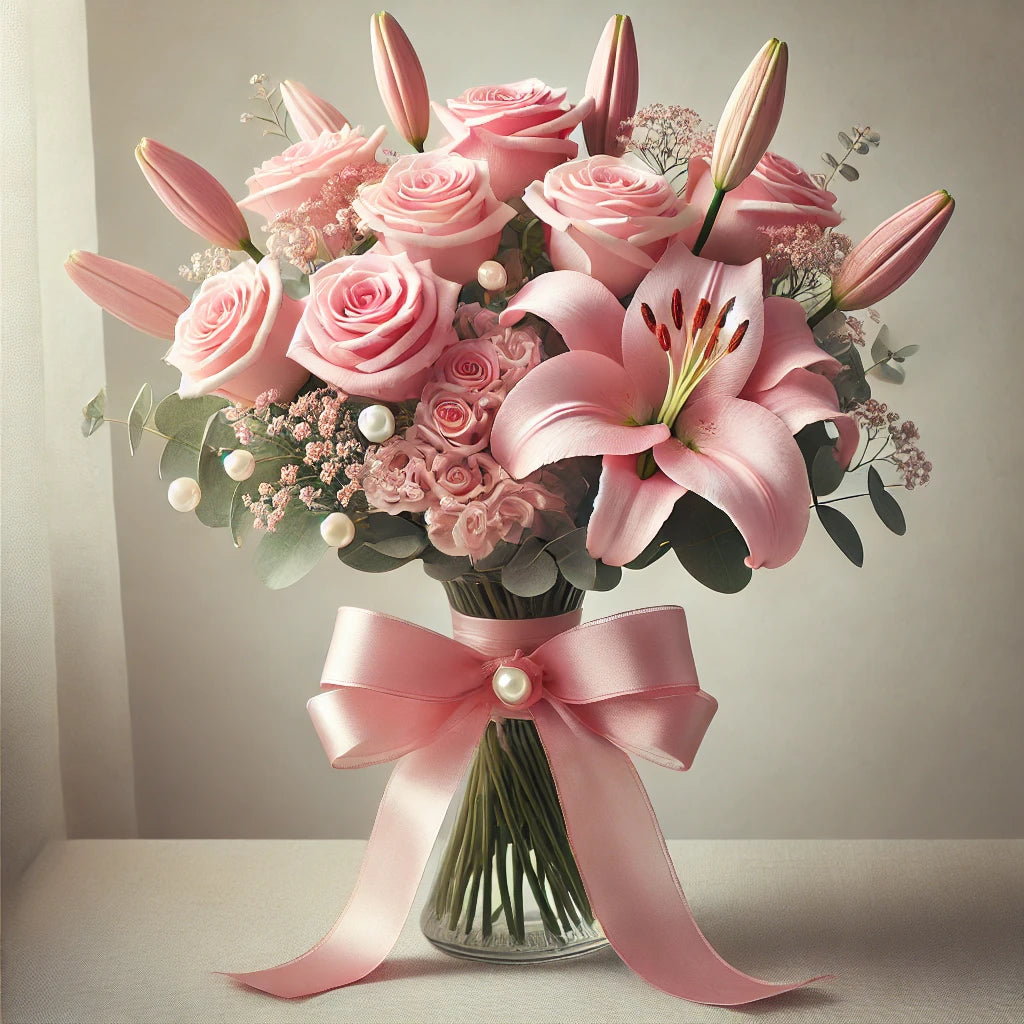 Six Pink Roses &amp; Lilies Bouquet